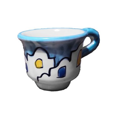 Kaffeetasse mit Untertasse. Häuser-Linie. Vietri-Keramik. Handbemalt.