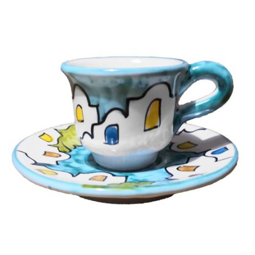 Kaffeetasse mit Untertasse. Häuser-Linie. Vietri-Keramik. Handbemalt.