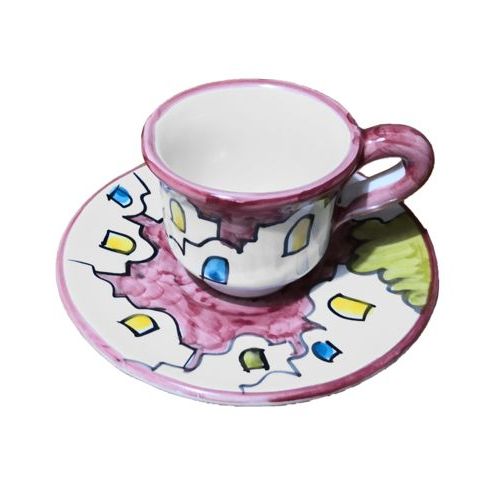 Kaffeetasse mit Untertasse. Häuser-Linie. Vietri-Keramik. Handbemalt.