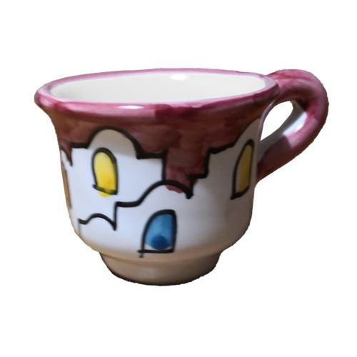 Kaffeetasse mit Untertasse. Häuser-Linie. Vietri-Keramik. Handbemalt.