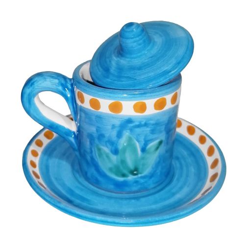 Espressotasse mit Untertasse und Deckel. Pinselstrich-Linie. Vietri-Keramik. Handbemalt.