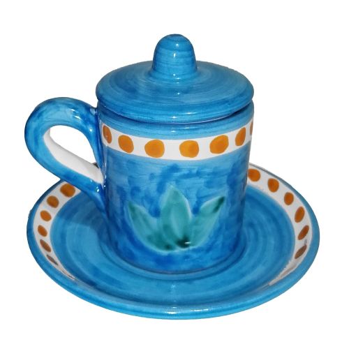 Coffee cup with saucer and lid. Brushstroke Line. Vietri ceramic. Hand-painted.