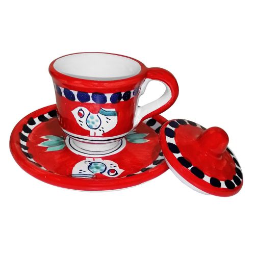 Coffee cup with saucer and lid. Little Animals Line. Vietri ceramic. Hand-painted.