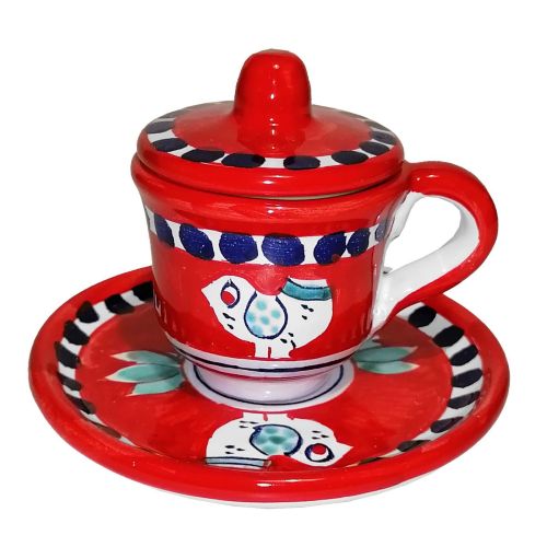 Tazzina da caffè con piattino e coperchietto. Linea Animaletti. Ceramica di Vietri. Dipinto a Mano.