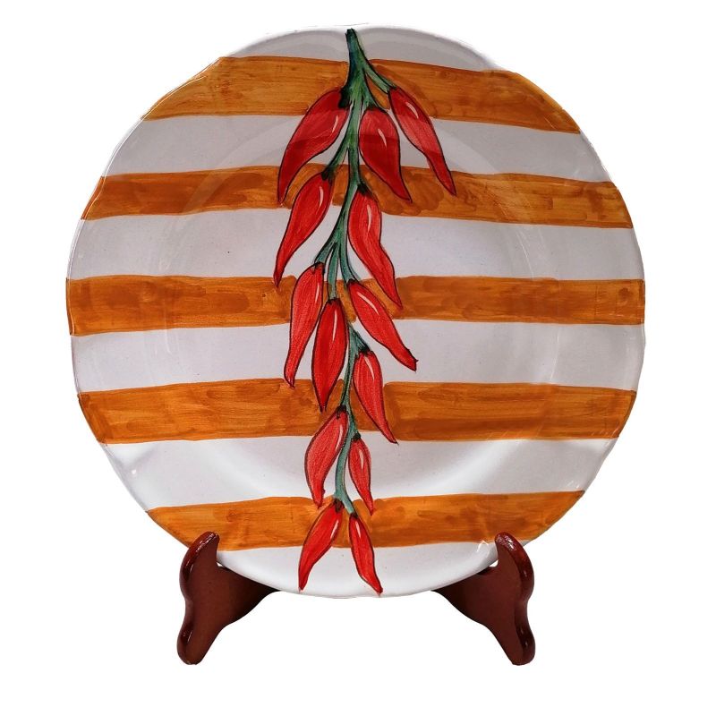 Assiette rayée avec décor piment. Céramique Vietri. Disponible en versions soupe, dîner, dessert et soucoupe.