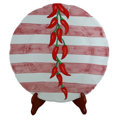 Assiette rayée avec décor piment. Céramique Vietri. Disponible en versions soupe, dîner, dessert et soucoupe.