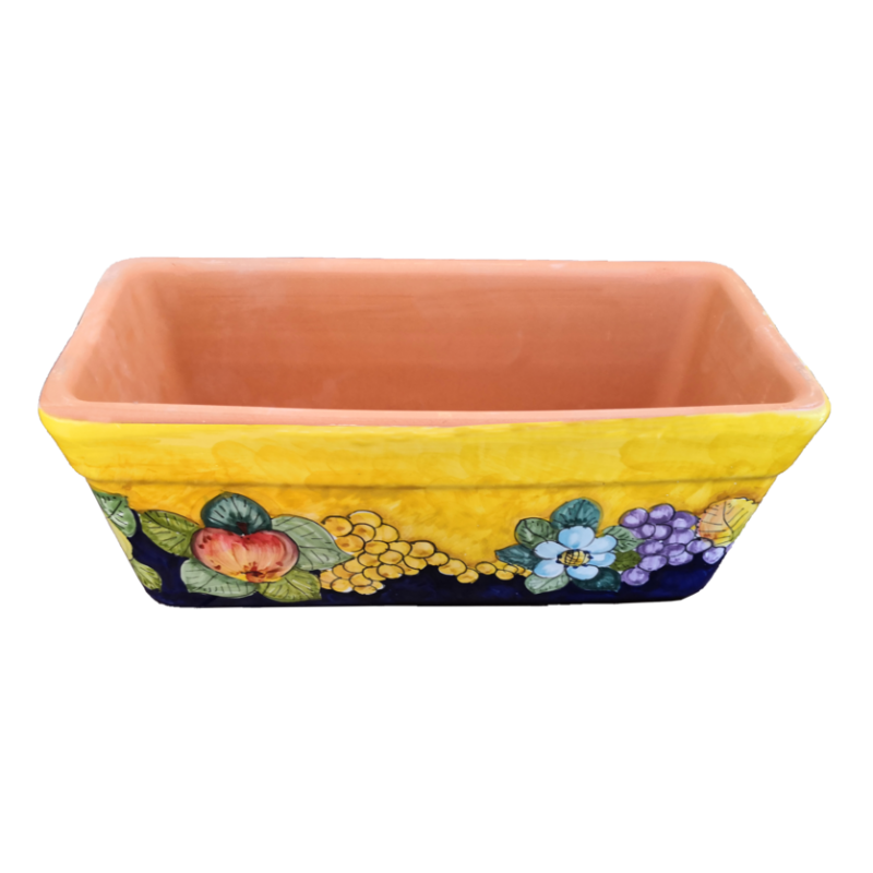 Fioriera a Cassetta Rettangolare -Fondo Giallo/Blu, Uva, Melograni e Fiori