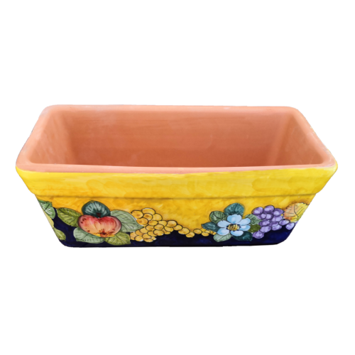 Jardinera rectangular. Fondo amarillo con uvas, granadas y flores. Cerámica de Vietri. Pintada a mano.