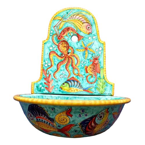 Wall garden fountain with tub. Fish line. handpainted...