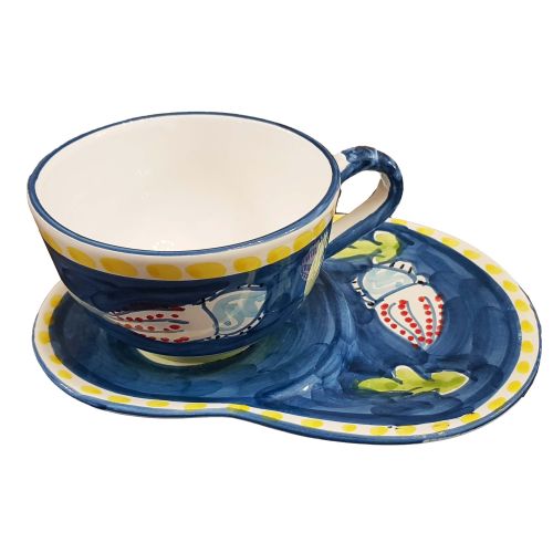 Tazza da latte con piatto portabiscotti linea animaletti. Ceramica di Vietri dipinta a mano.