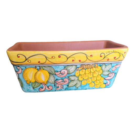 Rectangular Planter. Green Ramina Base with Lemons and Grapes. Vietri ceramic. Hand-painted.