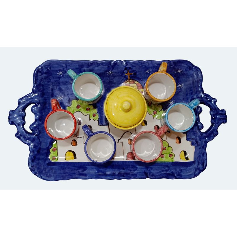 Bandeja con 6 tazas y azucarero. Línea Casitas....