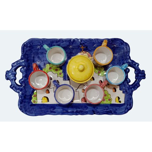 Bandeja con 6 tazas y azucarero. Línea Casitas. Cerámica de Vietri. Pintado a mano.