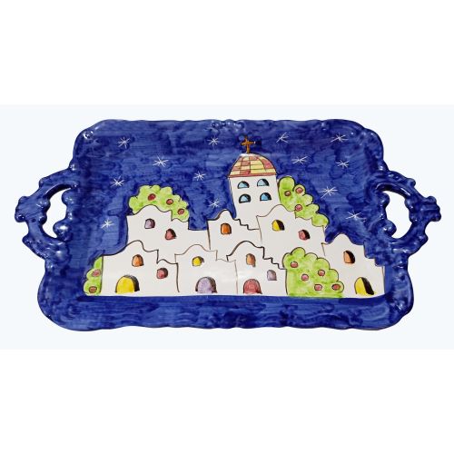 Bandeja con 6 tazas y azucarero. Línea Casitas. Cerámica de Vietri. Pintado a mano.