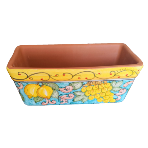 Rectangular Planter. Green Ramina Base with Lemons and Grapes. Vietri ceramic. Hand-painted.