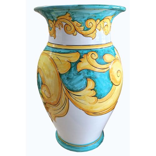 Umbrella holder vase Copper green background and baroque, handpainted Vietri ceramic