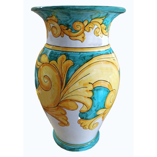 Umbrella holder vase Copper green background and baroque, handpainted Vietri ceramic
