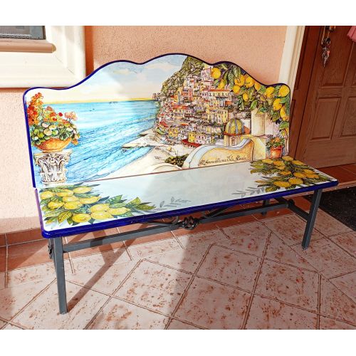 Bench in ceramicized lava stone. Hand-painted Vietri ceramic.