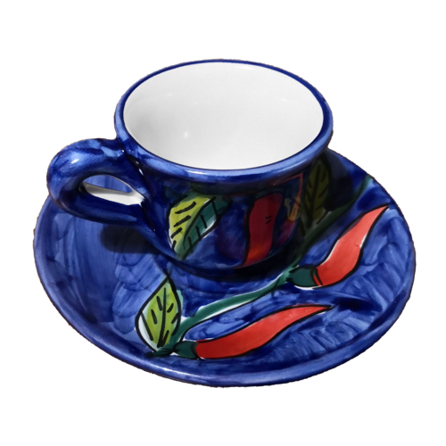 Kaffeetasse mit Untertasse. Chili-Linie. Vietri-Keramik. Handbemalt.