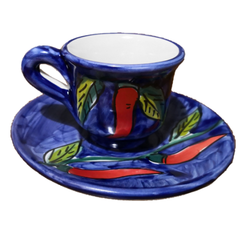 Coffee cup with saucer. Chili Peppers Line. Vietri ceramic. Hand-painted.
