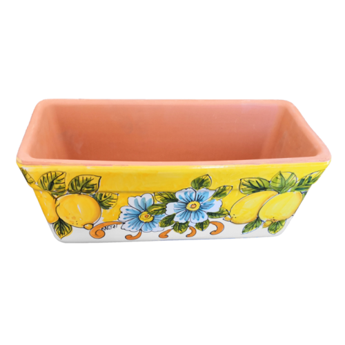 Jardinière rectangulaire. Fond jaune avec fleurs et citrons. Céramique de Vietri. Peinte à la main.