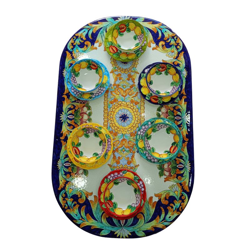 Juego de platos línea limón y frutas pintados a...