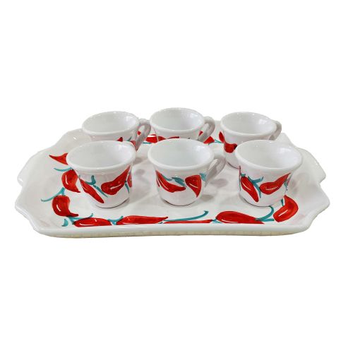 Tray with 6 espresso cups. Chili Line. Vietri ceramic. Hand-painted.