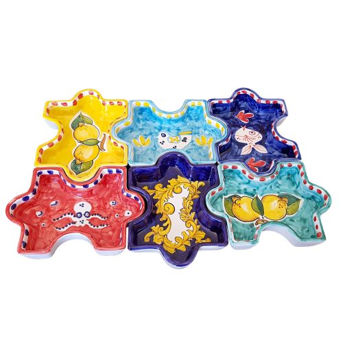 Appetizer dish. Cold dinner. Interlocking puzzle shape. Vietri ceramic. Hand-painted.