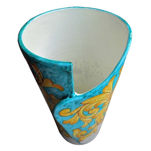 Vaso portaombrelli decoro barocco verde ramina, in Ceramica di Vietri dipinta a mano.