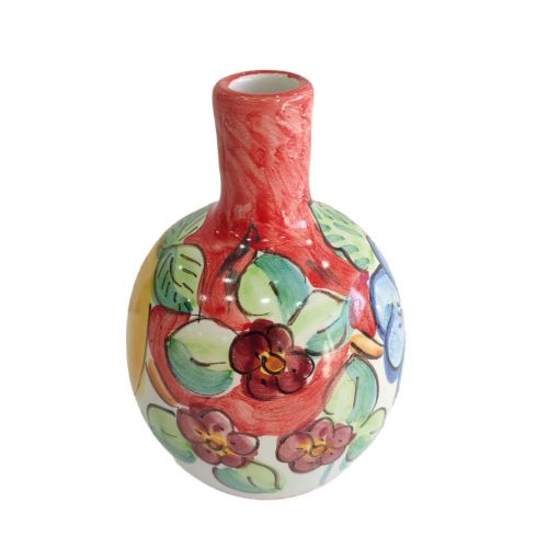 Tropfenförmige Öl- und Essigflasche. Zitronen- und Blumen-Kollektion. Handbemalte Vietri-Keramik.