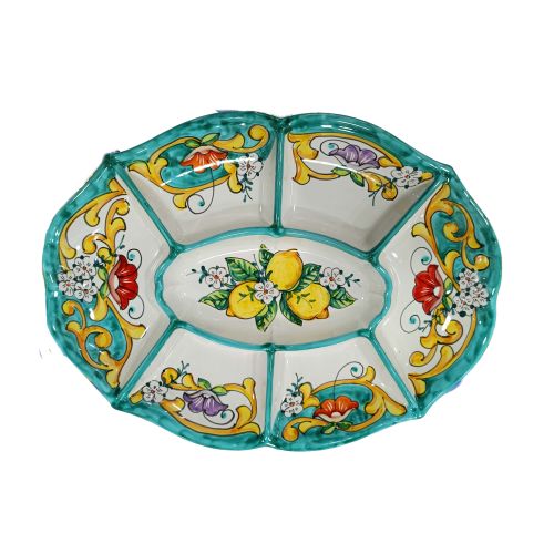 Antipastiera. Cena Fredda. 7 scomparti. Linea Limoni e fiori. Ceramica di Vietri. Dipinta a mano