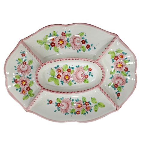 Appetizer Platter. Cold Dinner. 5 Compartments. Flower Line. Vietri Ceramic. Hand-Painted.