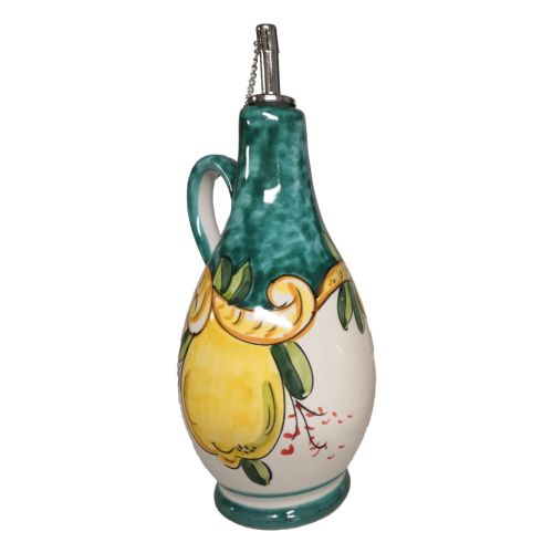 Oil & vinegar cruet bottle with handle. Lemon line. Vietri ceramic. Hand-painted.