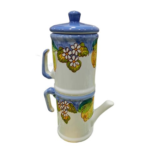 Bomboniera Caffettiera porta tazzine Linea Limoni e Fiori. Ceramica di Vietri