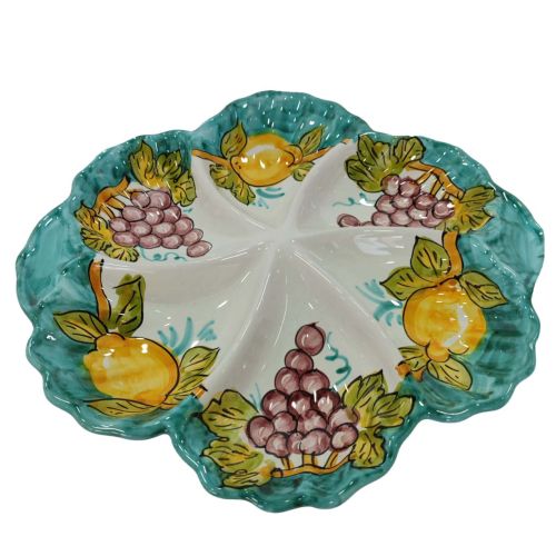 Fuente de Aperitivos. Cena Fría. 6 Compartimentos. Forma Concha. Línea Frutas. Cerámica de Vietri. Pintada a Mano.