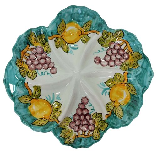 Fuente de Aperitivos. Cena Fría. 6 Compartimentos. Forma Concha. Línea Frutas. Cerámica de Vietri. Pintada a Mano.