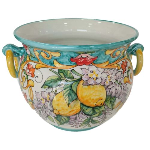Cachepot Plant Holder Flowers and Lemons line. Hand-painted Vietri ceramic.