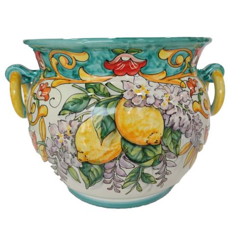 Maceta con soporte para plantas Flower Line. Cerámica de Vietri pintada a mano.