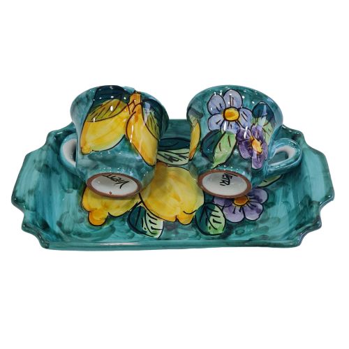 Coffee Cup and Tray Set “Tet-a-Tet” Favor. Lemons & Flowers Line. Vietri Ceramics. Hand Painted.