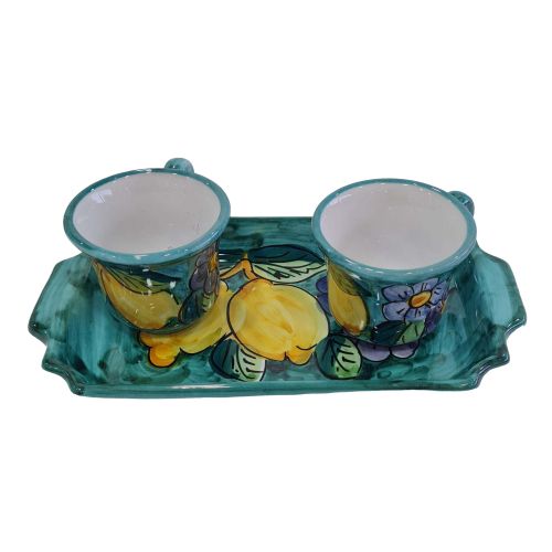 Juego de Tazas de Café y Bandeja “Tet-a-Tet” Recuerdo. Línea Limones y Flores. Cerámica de Vietri.