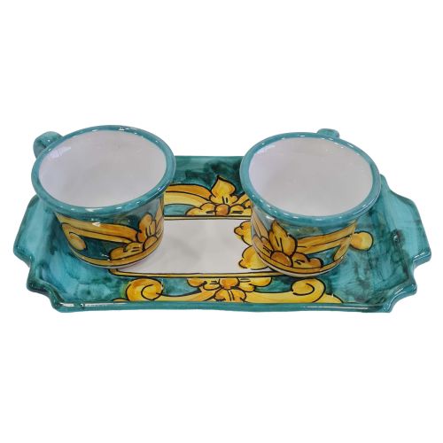 Service Tasses à Café et Plateau “Tête-à-Tête” Cadeau. Ligne Baroque & Fleurs. Céramique de Vietri.