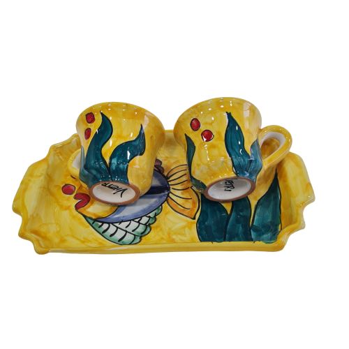 Coffee Cup and Tray Set “Tet-a-Tet” Favor. Marini Line. Vietri Ceramics. Hand Painted.
