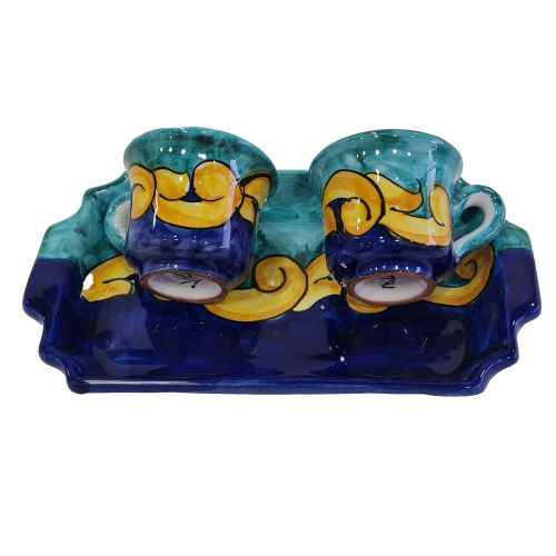 Juego de Tazas de Café y Bandeja “Tet-a-Tet” Recuerdo. Línea Barroco. Cerámica de Vietri.
