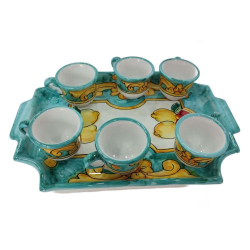Tray with 6 espresso cups. Baroque & Lemons Line. Vietri ceramic. Hand-painted.