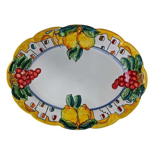 Oval scalloped serving plate. Houses & Lemons line. Vietri ceramic. Hand-painted.