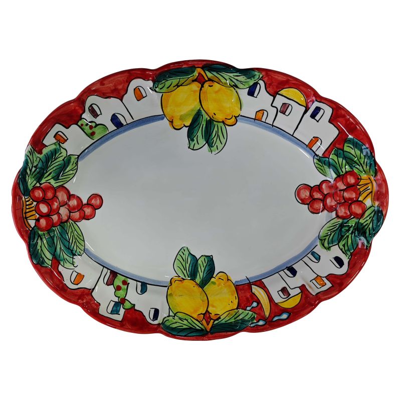 Ovaler Tablettteller mit Wellenschliff. Linie Positano. Serviergeschirr aus Vietri-Keramik.