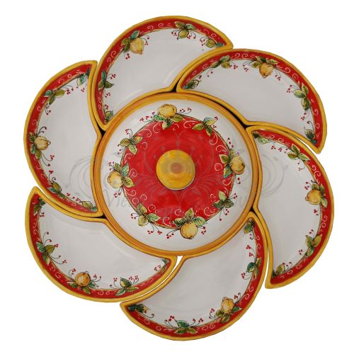 Appetizer Platter. Cold Dinner. 8 Pieces. Daisy Shape. Lemon Line. Vietri Ceramic. Hand-Painted.