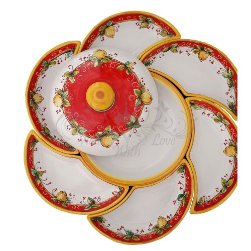 Appetizer Platter. Cold Dinner. 8 Pieces. Daisy Shape. Lemon Line. Vietri Ceramic. Hand-Painted.