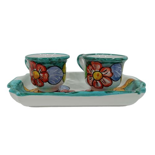 Service Tasses à Café et Plateau “Tête-à-Tête” Cadeau. Ligne Fleurs. Céramique de Vietri.