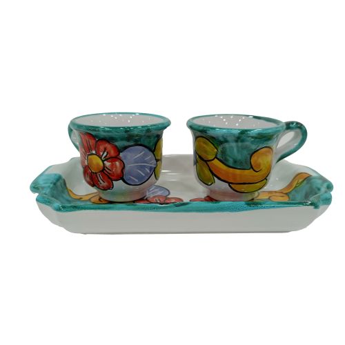 Juego de Tazas de Café y Bandeja “Tet-a-Tet” Recuerdo. Línea Flores. Cerámica de Vietri.